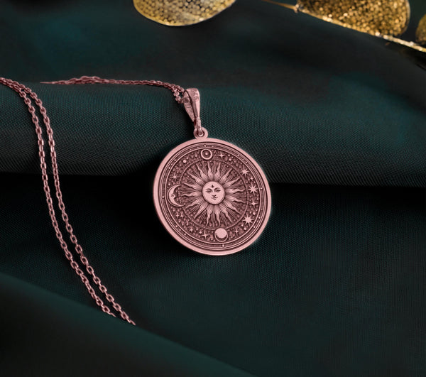 Rose Gold Plated Sun Necklace, celestial handcrafted pendant, dainty astrology jewelry for her, ideal gift for women, elegant and boho chic charm.