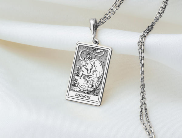 Strength Tarot Card Charm Necklace, 14K Solid Gold Tarot Charm, Strength Tarot Card Silver Charm Necklace, Personalized Tarot Card Charm