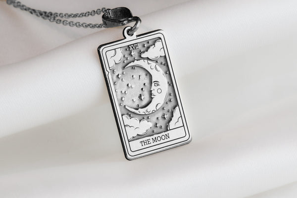 925 sterling silver Moon tarot charm necklace, a dainty minimalist necklace with an engraved charm. Perfect for layering or as a friendship charm, this lightweight pendant brings elegance to any boho-inspired protection necklace collection.