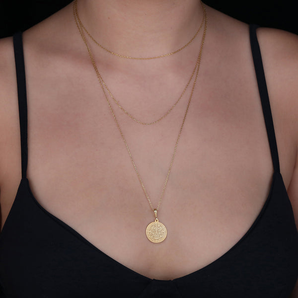 14K Solid Gold Aztec Calendar Pendant, Mayan Gold Jewelry, Perpetual Calendar Necklace, Aztec Calendar Coin Charm , Silver Mayan Necklace