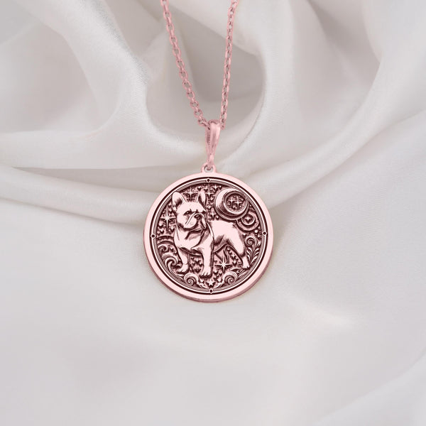 Unique Rose Gold Plated French Bulldog pendant, featuring an artistic dog medallion. A timeless rose gold pet jewelry piece, blending elegance and sentimental value for dog lovers and pet parents.