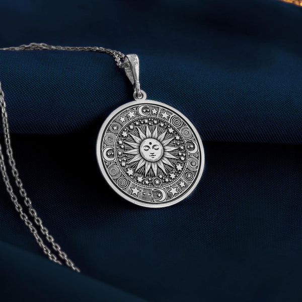 Sterling silver sun necklace featuring a celestial solar pendant. Ideal for lovers of minimalist and astrology-inspired jewelry. A unique handmade gift for her, perfect for birthdays, anniversaries, or daily wear.