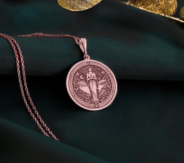 Rose Gold Plated Hestia Goddess Necklace inspired by Greek mythology. A symbolic and elegant gift for women, perfect for anniversaries, birthdays, or as a spiritual jewelry piece celebrating family and home.