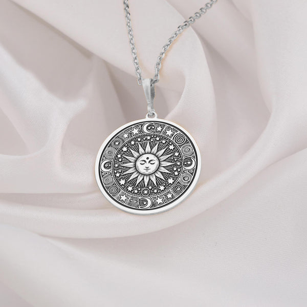 Sterling silver sun necklace featuring a celestial solar pendant. Ideal for lovers of minimalist and astrology-inspired jewelry. A unique handmade gift for her, perfect for birthdays, anniversaries, or daily wear.