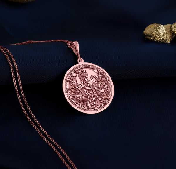Krishna Radha pendant reflects the beauty of eternal love. With Krishna playing the flute for Radha, this medallion combines romantic and spiritual elements, making it a perfect jewelry piece for any meaningful occasion