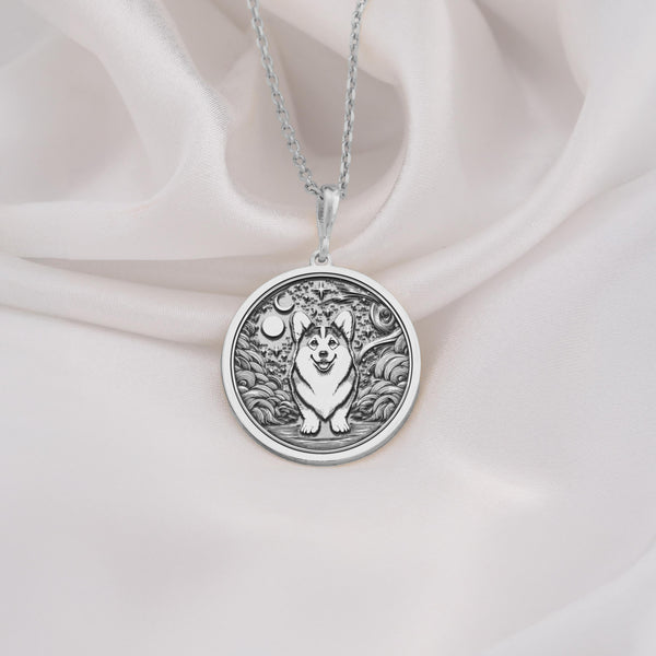 925 Sterling Silver Pembroke Welsh Corgi Medallion showcasing royal breed with moon and stars. Protective pet talisman with characteristic short-legged profile. Herding dog jewelry celebrating this breed's joyful and loyal nature.