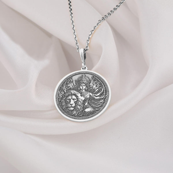 925 sterling silver Durga Maa pendant necklace, spiritual protection charm, Hindu goddess pendant, divine feminine jewelry, handcrafted silver amulet, religious necklace, Durga pendant for strength, silver sacred jewelry