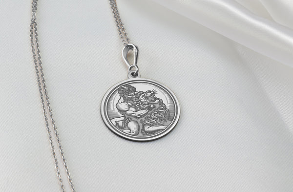 14K Solid Gold Hercules Nemean Lion Necklace, Heracles Slaying Nemean Lion, Hercules' fight with the Nemean lion, Hercules Gift Pendant