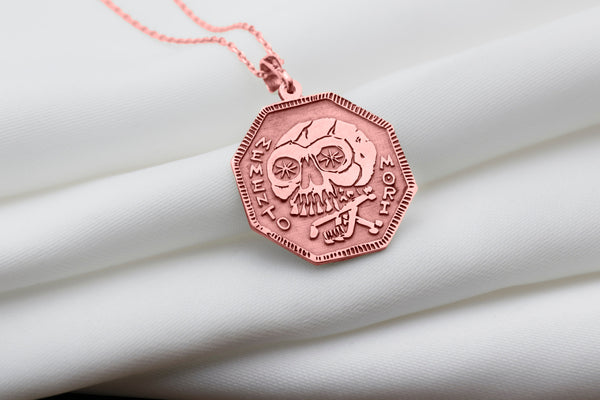 14K Solid Gold Vanitas Memento Mori Necklace, Memento Mori Vivere Gold Medallion,Silver Memento Mori Vivere Rose Gold Charm Locked Pendant