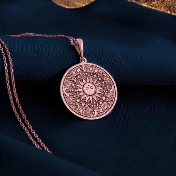 Rose gold plated sun necklace showcasing a celestial solar pendant. A feminine and trendy jewelry piece for astrology lovers, minimalist fans, or as a unique handmade gift. Perfect for layering, daily wear, or special occasions.