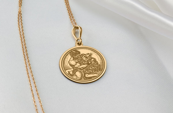 14K Solid Gold Hercules Nemean Lion Necklace, Heracles Slaying Nemean Lion, Hercules' fight with the Nemean lion, Hercules Gift Pendant