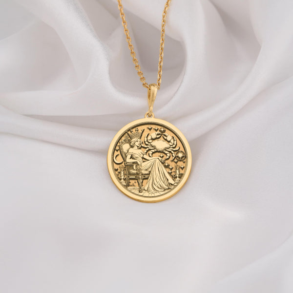 14K Solid Gold Cancer Zodiac Queen Medallion featuring royal Cancer constellation with crab symbol and celestial elements. astrology talisman with Cancer goddess and starlit backdrop. Luxury Cancer zodiac jewelry symbolizing royal protection.