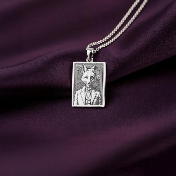A striking 925 sterling silver tarot card pendant of a Victorian fox. This piece of whimsical jewelry is inspired by literary characters like Reynard the Fox.