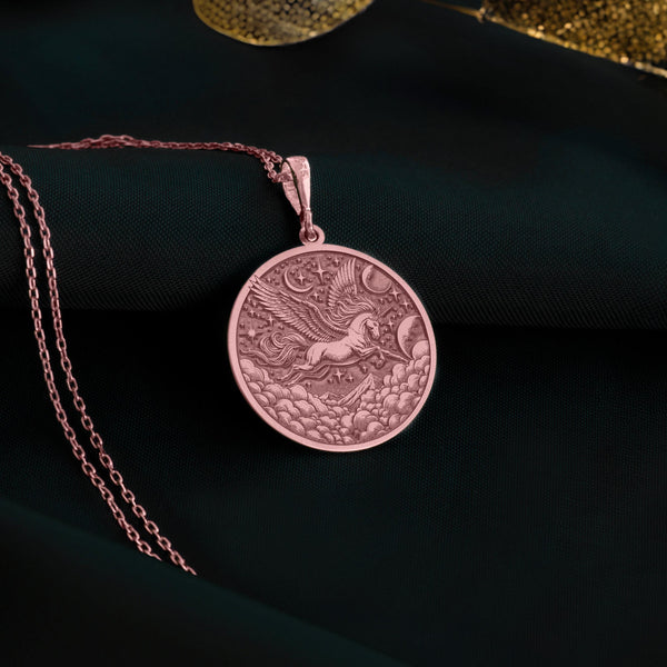 Sky HorsePegasus Charm Necklace, the mythical flying horse, Pegasus, often seen as a horned flying horse. This rose gold necklace symbolizes freedom. a rose gold pendant or rose gold medallion, each custom-made to order for fantasy jewelry