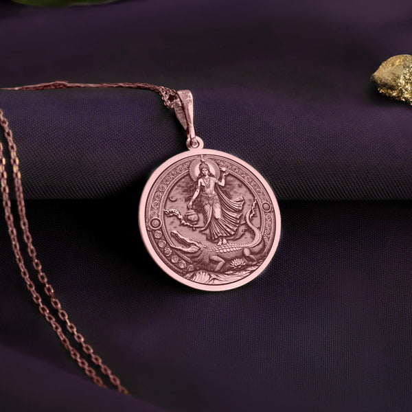 Mother Ganga necklacependant is beautifully plated with Rose Gold, a unique finish that combines the warmth of gold with a soft pinkish hue. Rose gold symbolizes love, compassion, and the nurturing qualities of the divine feminine. The soft glow of rose gold complements the sacred representation of Mother Ganga, who brings purification and healing. This rose gold-plated pendan