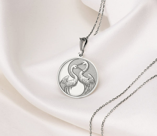 14K Solid Gold Crane Charm Necklace, Yin Yang Duality Pendant, Silver Yin Yang Crane Necklace, Rose Gold Crane Charm, Dainty Crane Necklace