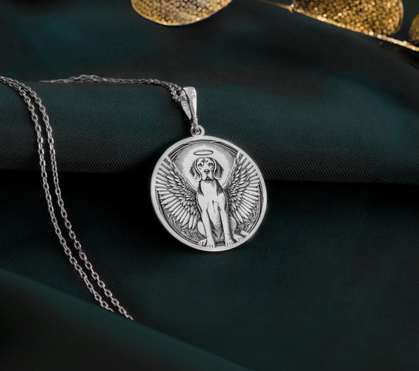 Sterling Silver Beagle Angel Pendant with detailed memorial design. Handcrafted silver coin charm featuring beloved hunting hound with wings, halo and radiant elements. Rainbow bridge jewelry celebrating eternal bond with Beagle companions.