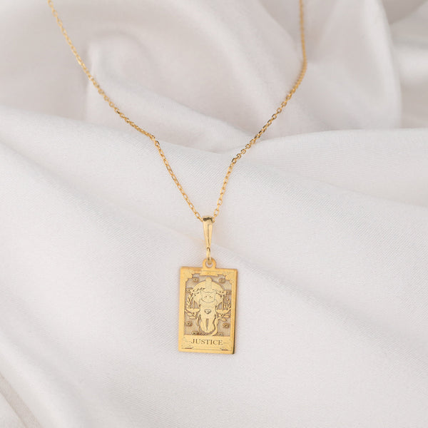 14K Solid Gold Justice Tarot Card Necklace, Tarot Reading Rectangle Charm, Dainty Justice Tarot Necklace, Silver Justice Tarot Necklace