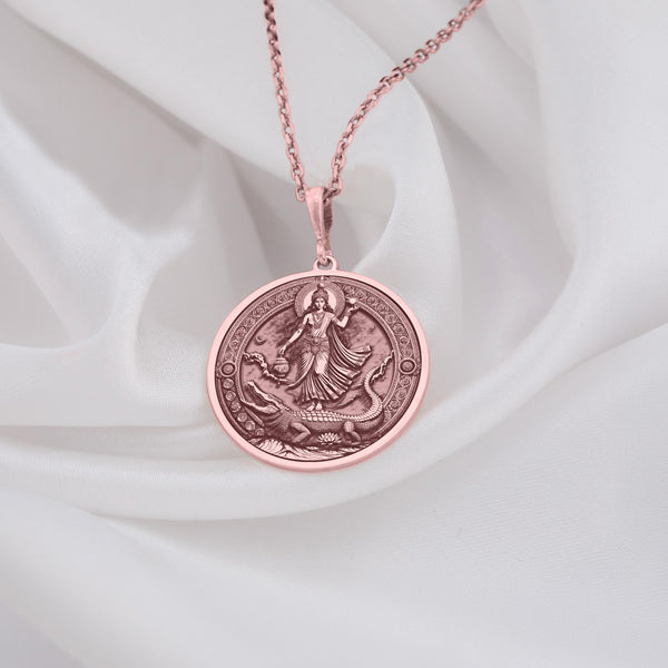 Mother Ganga necklacependant is beautifully plated with Rose Gold, a unique finish that combines the warmth of gold with a soft pinkish hue. Rose gold symbolizes love, compassion, and the nurturing qualities of the divine feminine. The soft glow of rose gold complements the sacred representation of Mother Ganga, who brings purification and healing. This rose gold-plated pendan