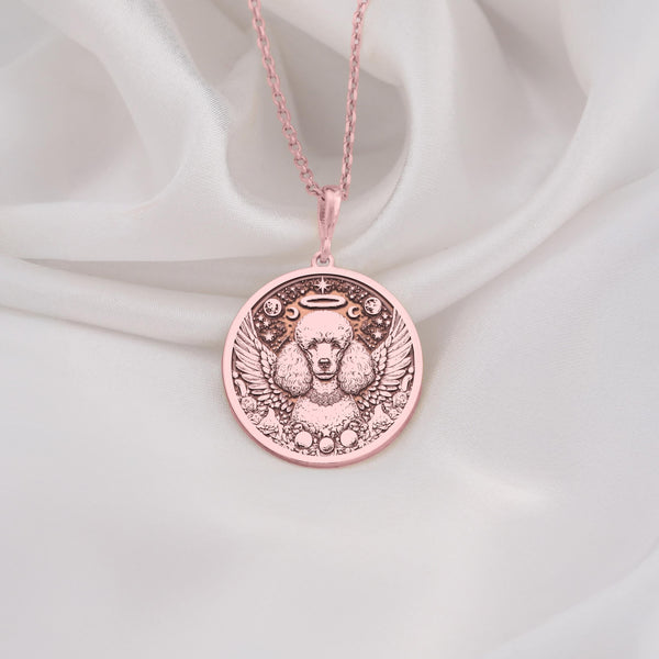 Rose Gold Plated Poodle Angel Dog Medallion featuring beloved elegant breed with heavenly wings and halo. memorial jewelry with detailed curly coat and celestial elements. Warm-toned rainbow bridge talisman, perfect comfort gift for Poodle loss.