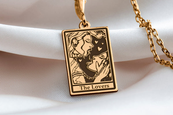 14 K Solid Gold Lovers Tarot Card Charm Necklace, Femme pride, Pride jewel, Femme love charm, WLW pendant, Queer Charm Necklace Gift for her