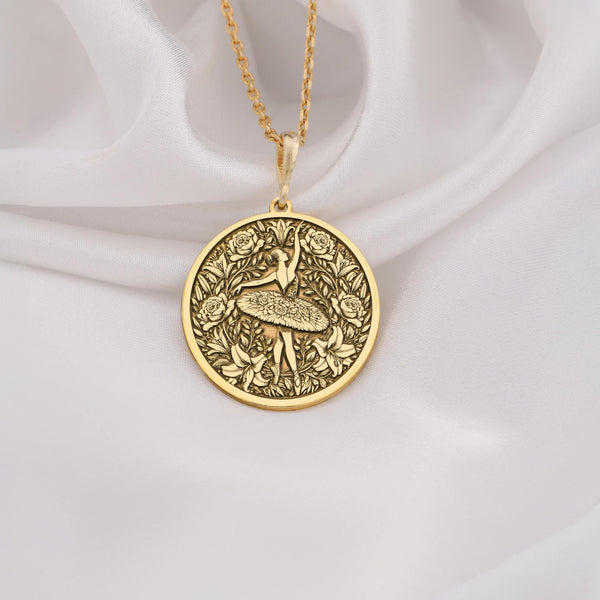 14K gold ballerina necklace featuring a stunning floral design, ideal for ballet lovers, dancers, or anyone who loves unique jewelry. Perfect as a timeless gift for women on birthdays, anniversaries, or special occasions.