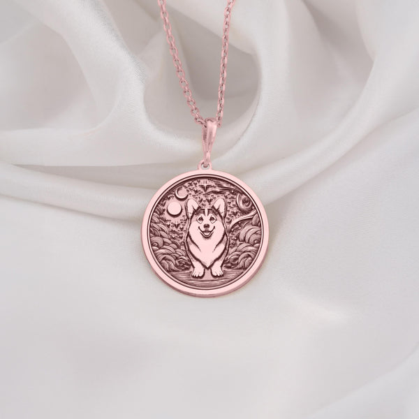 Rose Gold Plated Pembroke Welsh Corgi Medallion featuring royal breed with celestial elements. Elegant pet memorial jewelry with cosmic symbols and characteristic profile. Warm-toned dog talisman for Welsh Corgi enthusiasts.