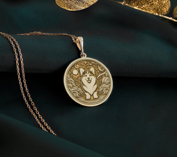 14K Gold Plated Pembroke Welsh Corgi Medallion with royal breed and celestial symbols. Beloved herding dog pendant with distinctive fox-like face and cosmic background. Elegant pet memorial jewelry gift for Corgi lovers.