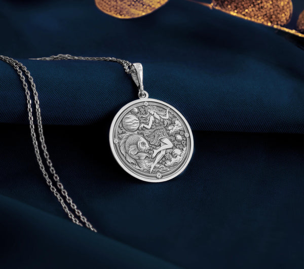 Pisces zodiac pendant crafted in sterling silver, adorned with a graceful fish symbol. This one-of-a-kind charm necklace is ideal for everyday wear and a perfect gift for astrology lover