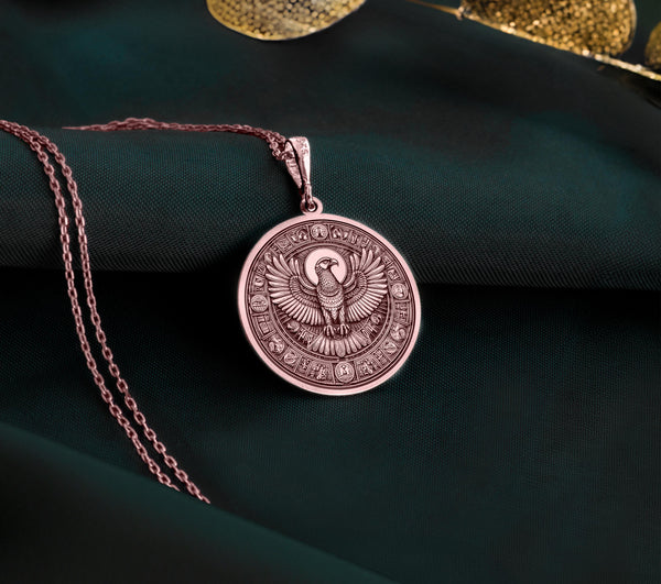 Rose Gold Plated Horus Necklace with a symbolic Egyptian Falcon Pendant. A handmade, minimalist, and unique jewelry piece perfect for gifting. Ideal for those who love mythology, spirituality, and personalized accessories.