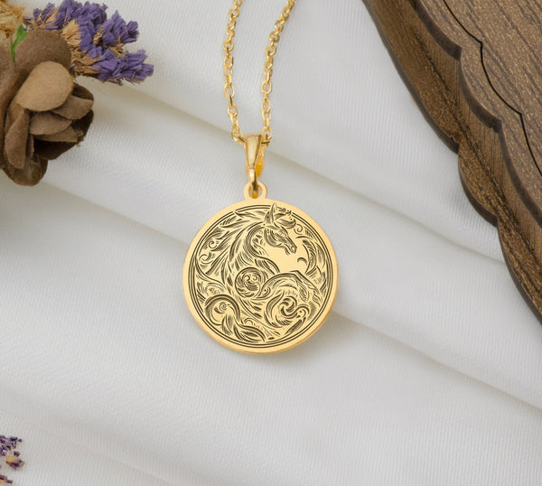 14K Solid Gold Line Art Horse Charm Necklace, Stallion Silver Pendant, Rose Gold Mustang Necklace, Animal Jewelry, Fantastic Creature Charm