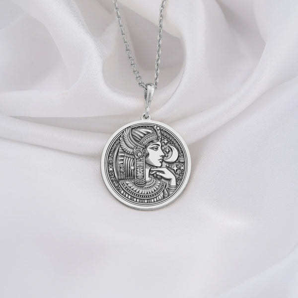 Sterling silver Cleopatra necklace featuring intricate Egyptian motifs, perfect for history and mythology enthusiasts