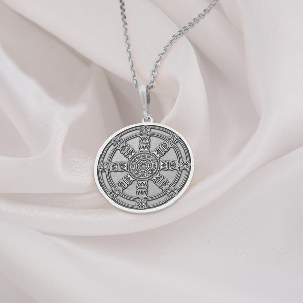 Dharma Wheel pendant necklace silver , Buddhist necklace, spiritual jewelry, meditation pendant, Eightfold Path necklace, enlightenment charm, Buddhist symbol pendant, Dharma charm necklace, Wheel of Dharma jewelry, silver Dharma Wheel, Zen jewelry