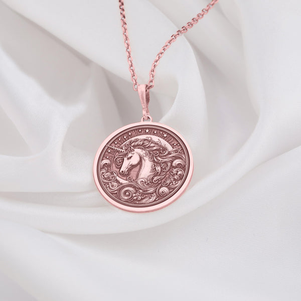 Rose Gold Plated Unicorn Necklace with Delicate Details: This stylish necklace showcases a graceful unicorn figure plated in a warm and fashionable rose gold finish. A contemporary and affordable way to express your love for unicorns and unique jewelry. The delicate design makes it a versatile accessory for various outfits and occasions.