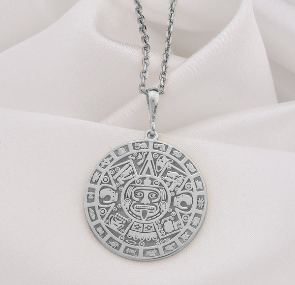14K Solid Gold Aztec Calendar Pendant, Mayan Gold Jewelry, Perpetual Calendar Necklace, Aztec Calendar Coin Charm , Silver Mayan Necklace