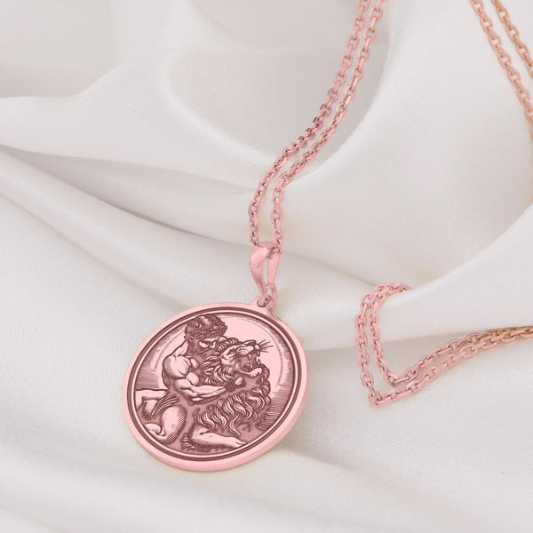 14K Solid Gold Hercules Nemean Lion Necklace, Heracles Slaying Nemean Lion, Hercules' fight with the Nemean lion, Hercules Gift Pendant