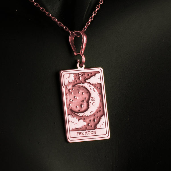 Moon tarot card charm necklace in rose gold plated, a vintage-inspired pendant ideal for layering. This custom charm necklace is a modern yet mystical piece, perfect for a unique protection necklace with personalized and meaningful style.