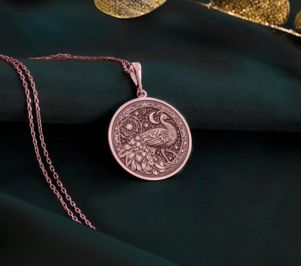 Elegant Rose Gold Plated peacock coin necklace with celestial mandala background. Symbolic jewelry with a nature soul.