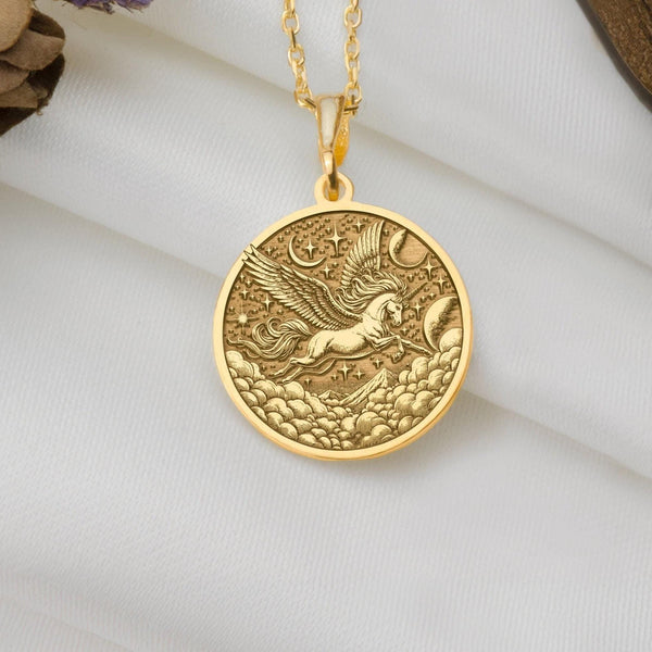 Gold Pegasus Charm Necklace, mythical flying horse, Pegasus, often seen as a horned flying horse. This gold necklace is a symbol of freedom. Greek mythology Pegasus necklace