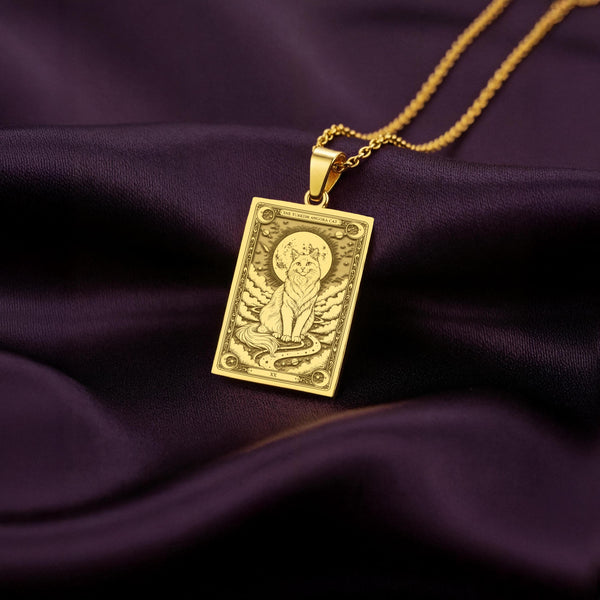 A polished 14K solid gold Turkish Angora medallion. This fine pet jewelry represents the breed's elegant nature, making it a perfect cat lover gift.