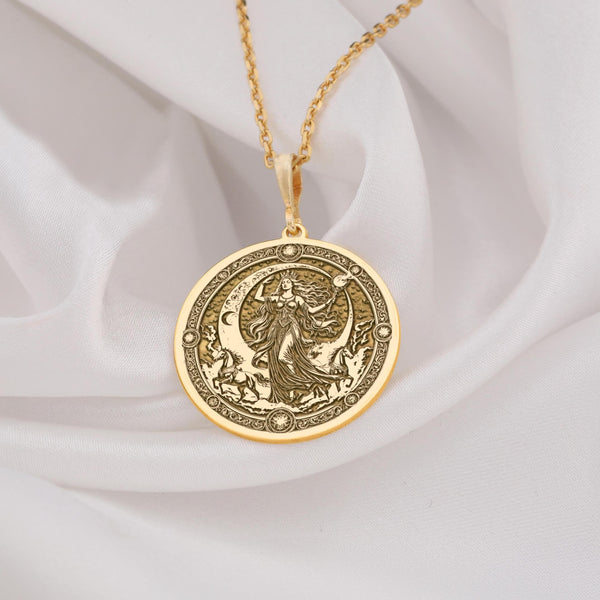 14K Solid Gold Selene Moon Goddess Pendant Necklace, Sterling Silver Celestial Deity Charm, Greek Mythology Charm, Personalized Feminen Gift