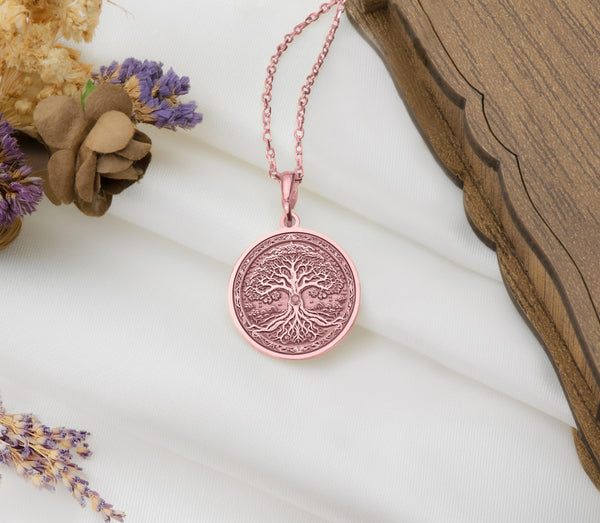 Rose Gold Tree of Life Pendant, Rose Gold Yggdrasil Necklace, Rose Gold Bodhi Tree Jewelry, Rose Gold Tree of Knowledge Charm, Rose Gold Kalpavriksha Pendant, Rose Gold Spiritual Necklace, Rose Gold Cosmic Tree, Rose Gold Symbolic Growth Charm
