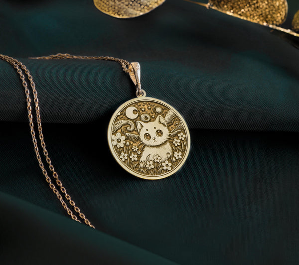 14k gold plated cat pendant inspired by Van Gogh’s iconic style. This artistic design is perfect for cat lovers and art fans, making a unique gift for birthdays, anniversaries, or special occasions. Lightweight and stylish for everyday wear.