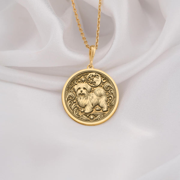 Elegant 14K Solid Gold Maltese dog pendant, featuring a fluffy pup under the moon and stars. A meaningful gold pet lover necklace symbolizing loyalty, charm, and celestial companionship.