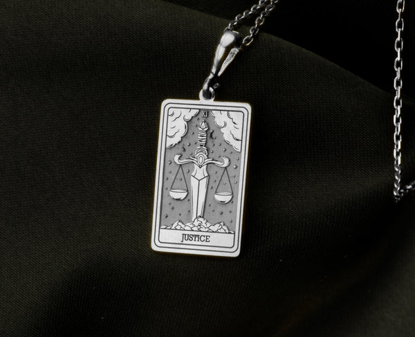 14K Solid Gold Justice Charm Necklace, Dainty Silver Triple Chain Tarot Card Necklace, Justice Rose Gold Tarot Charm Pendant Gift for Her