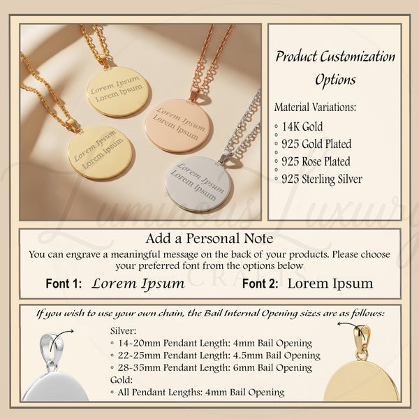 a collection of personalized necklaces with engraved messages on them. The necklaces come in various materials, such as 14K gold, 925 gold, 925 rose-plated, and 925 sterling silver. The image also provides options for customizing the necklace by choosing a font and pendant size.