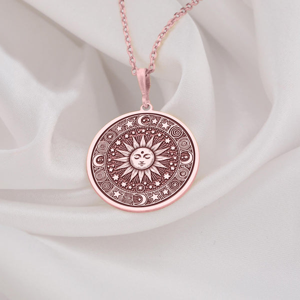 Rose gold plated sun necklace showcasing a celestial solar pendant. A feminine and trendy jewelry piece for astrology lovers, minimalist fans, or as a unique handmade gift. Perfect for layering, daily wear, or special occasions.
