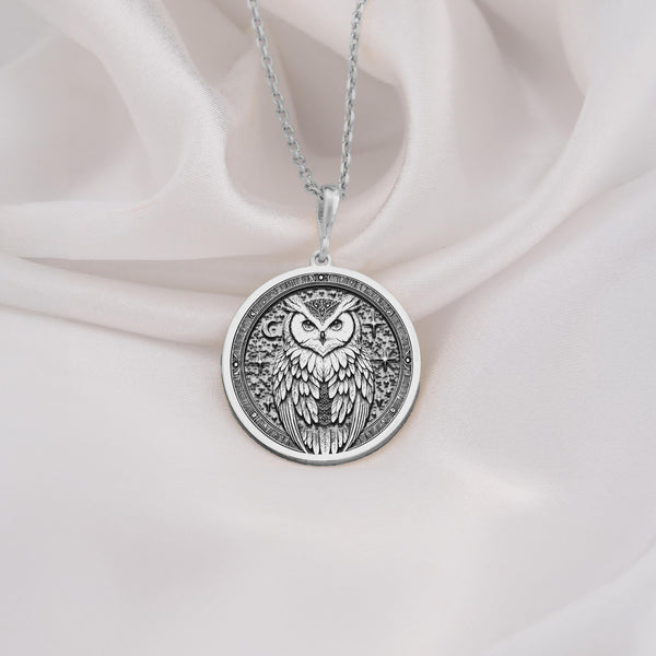 925 Sterling Silver Owl Medallion Pendant with detailed wisdom symbol. Silver owl talisman featuring intricate feather pattern. Spiritual medallion jewelry with ancient symbolism, perfect meaningful gift for graduates.