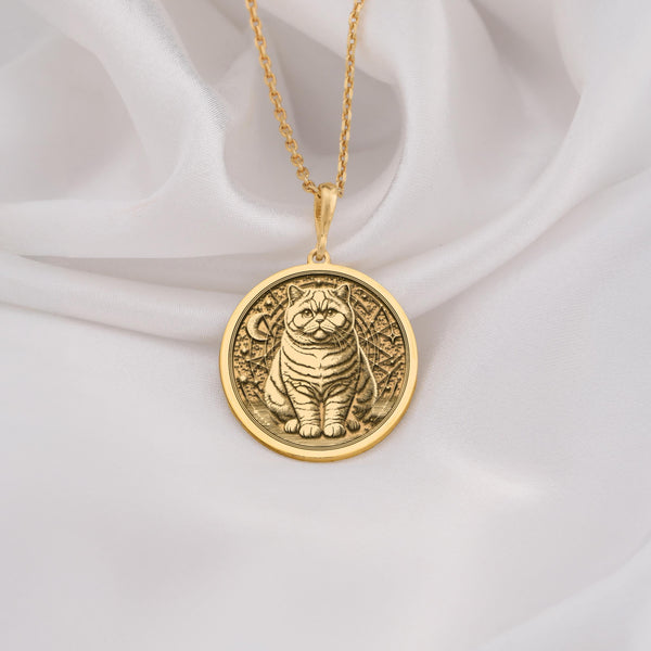 14K Solid Gold British Shorthair Cat Medallion featuring plush feline with characteristic round face. Detailed chubby cheeked cat talisman with sweet expression and sturdy pose. Luxury pet jewelry gift symbolizing loyal companionship for cat parents.