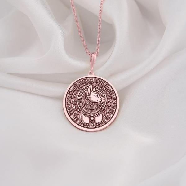 Rose Gold Plated Bastet Pendant Necklace, portraying the Egyptian Cat Goddess. A delicate and meaningful amulet, blending mythology with elegance, making it an ideal unisex jewelry piece for lovers of symbolic designs and unique gifts.